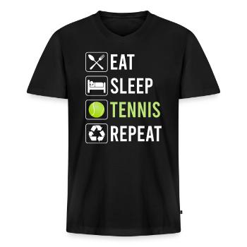 Eat Sleep Tennis Repeat - lustiger Spruch - Männer Premium Bio T-Shirt mit V-Ausschnitt - Schwarz - Vorne - Nico (187cm)