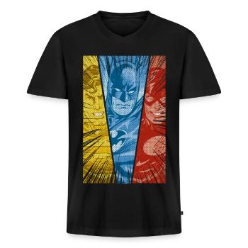 DC Comics Justice League Superman Batman Flash - Männer Premium Bio T-Shirt mit V-Ausschnitt - Schwarz - Vorne - Nico (187cm)