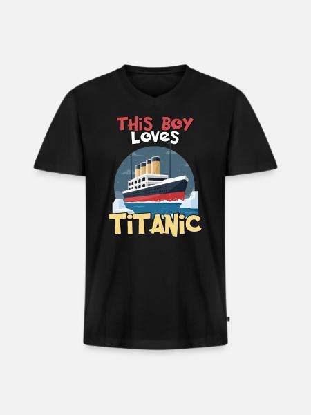 Statek Titanic, ten chłopiec kocha RMS Titanic - Ekologiczna męska koszulka z dekoltem w serek Premium - czarny