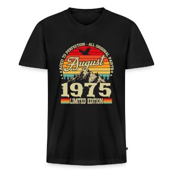 Août 1975 Vintage Rétro Anniversaire Vintage - T-shirt encolure en V Premium bio Homme - noir - Devant - Nico (187cm)