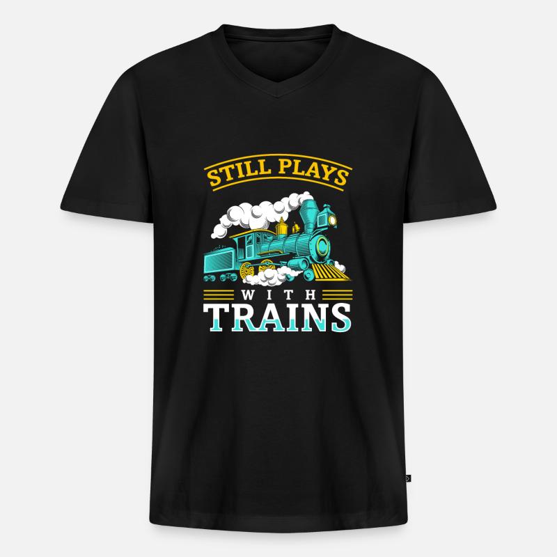 Still Plays With Trains Modeleisenbahn - Männer Premium Bio T-Shirt mit V-Ausschnitt - Schwarz