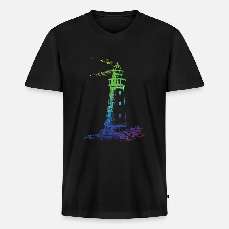 Regenbogen Leuchtturm - Männer Premium Bio T-Shirt mit V-Ausschnitt - Schwarz