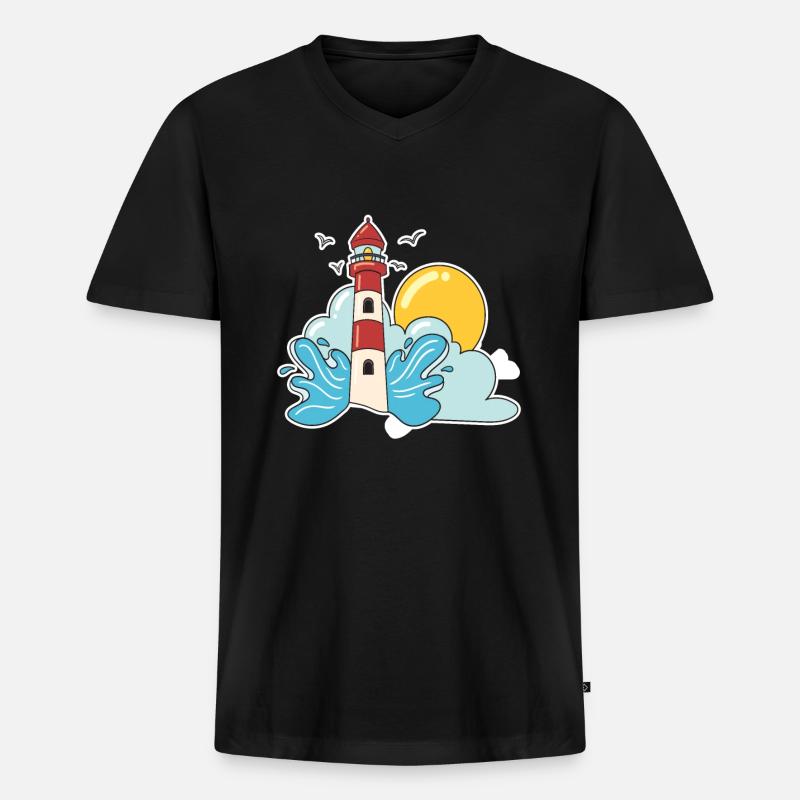 Retro Leuchtturm - Männer Premium Bio T-Shirt mit V-Ausschnitt - Schwarz