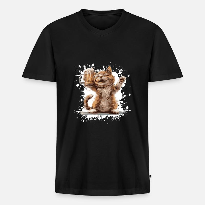 Katze Bier Lustig - Männer Premium Bio T-Shirt mit V-Ausschnitt - Schwarz