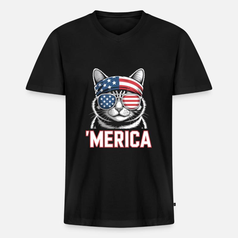 'Merica Katze Mit Sonnenbrille - Männer Premium Bio T-Shirt mit V-Ausschnitt - Schwarz