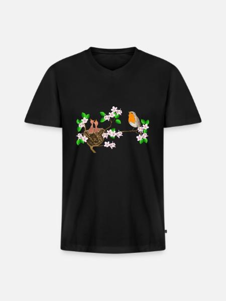 Robins, nest, cherry blossoms - Men's Premium Organic T-shirt with V-neck - black