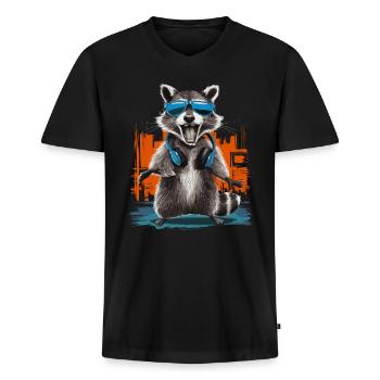 Cool Raccoon with Headphones Urban Music Vibe - Men's Premium Organic T-shirt with V-neck - black - Front - Nico (187cm)