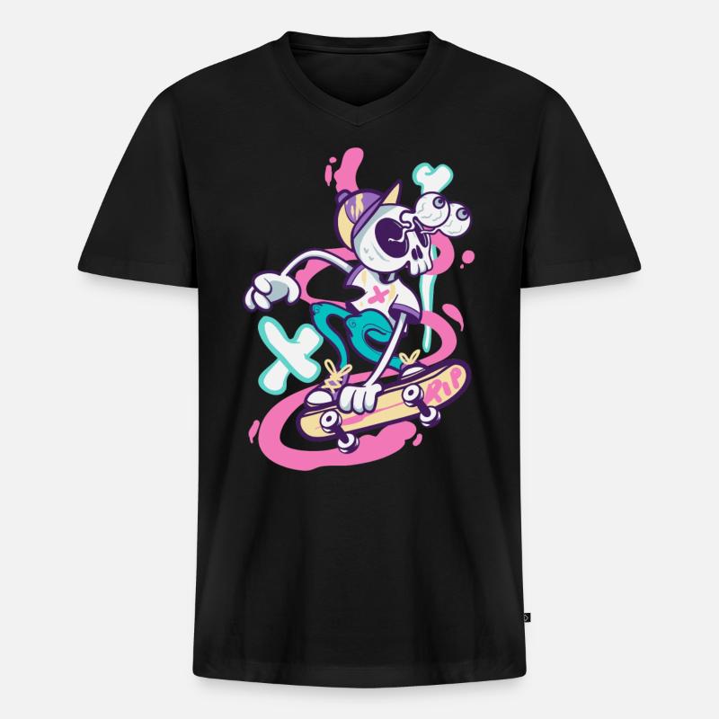 Skelettjunge auf coolem Skateboard Schädel - Männer Premium Bio T-Shirt mit V-Ausschnitt - Schwarz