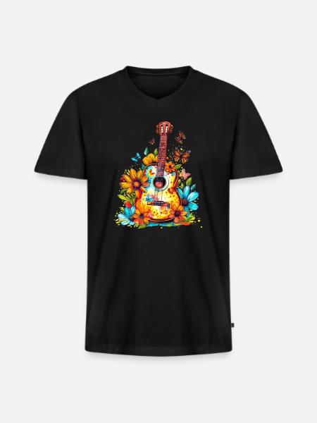 Bunte Gitarre mit Blumen - Männer Premium Bio T-Shirt mit V-Ausschnitt - Schwarz