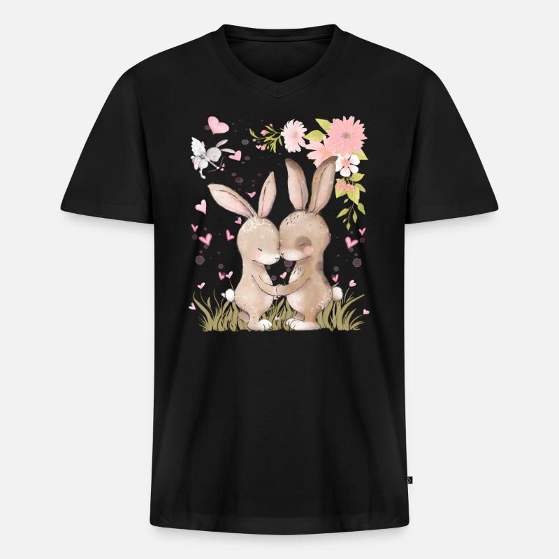Verliebte Hasen mit Herzen - Männer Premium Bio T-Shirt mit V-Ausschnitt - Schwarz
