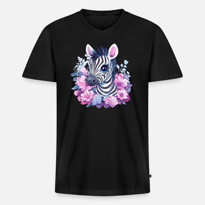 Süßes Zebra mit Blumen - Männer Premium Bio T-Shirt mit V-Ausschnitt - Schwarz
