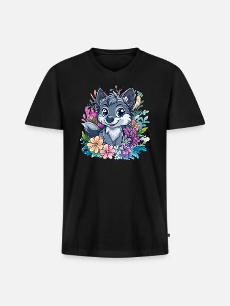Flower Wolf Cartoon Style - Men's Premium Organic T-shirt with V-neck - black