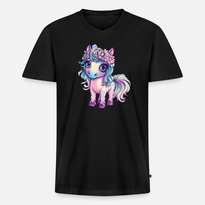 Regenbogenpony mit Blumen - Männer Premium Bio T-Shirt mit V-Ausschnitt - Schwarz