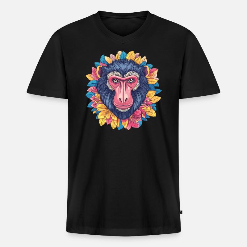 Mandrill mit Blumenkranz - Männer Premium Bio T-Shirt mit V-Ausschnitt - Schwarz