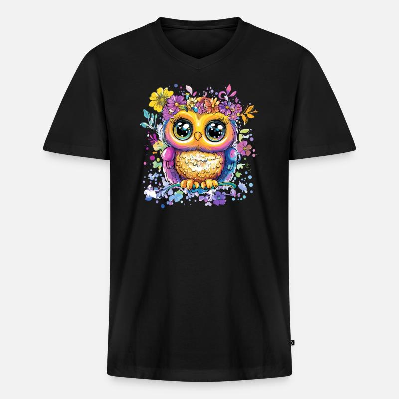 Bunte Eule mit Blüten - Männer Premium Bio T-Shirt mit V-Ausschnitt - Schwarz