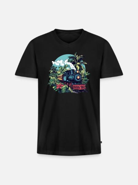 Dampflok durch Palmen - Männer Premium Bio T-Shirt mit V-Ausschnitt - Schwarz