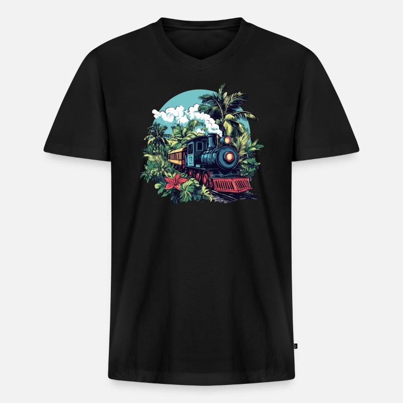 Dampflok durch Palmen - Männer Premium Bio T-Shirt mit V-Ausschnitt - Schwarz