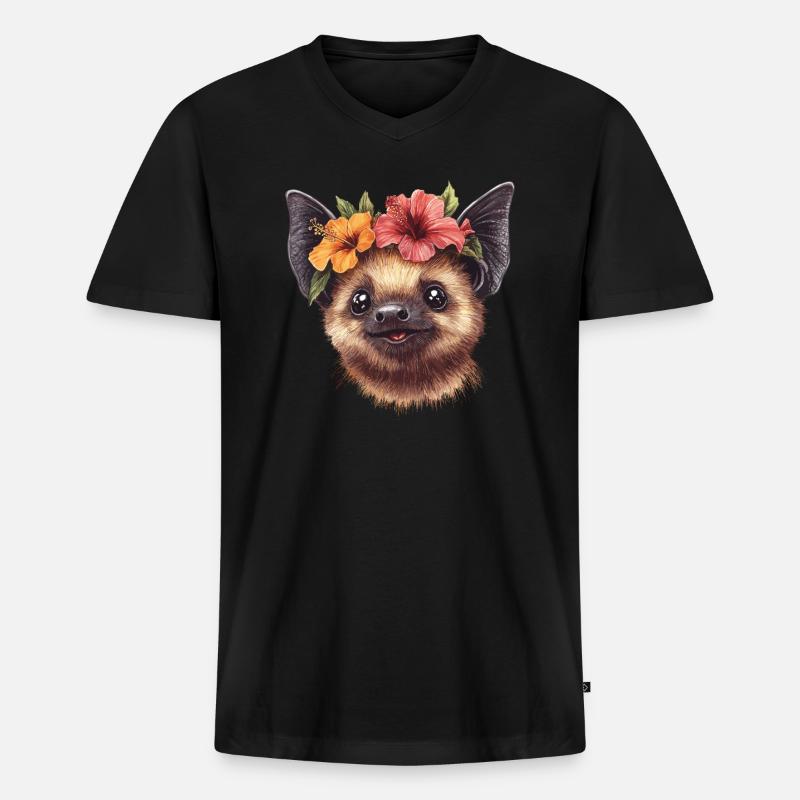 Fledermaus mit Blüten - Männer Premium Bio T-Shirt mit V-Ausschnitt - Schwarz