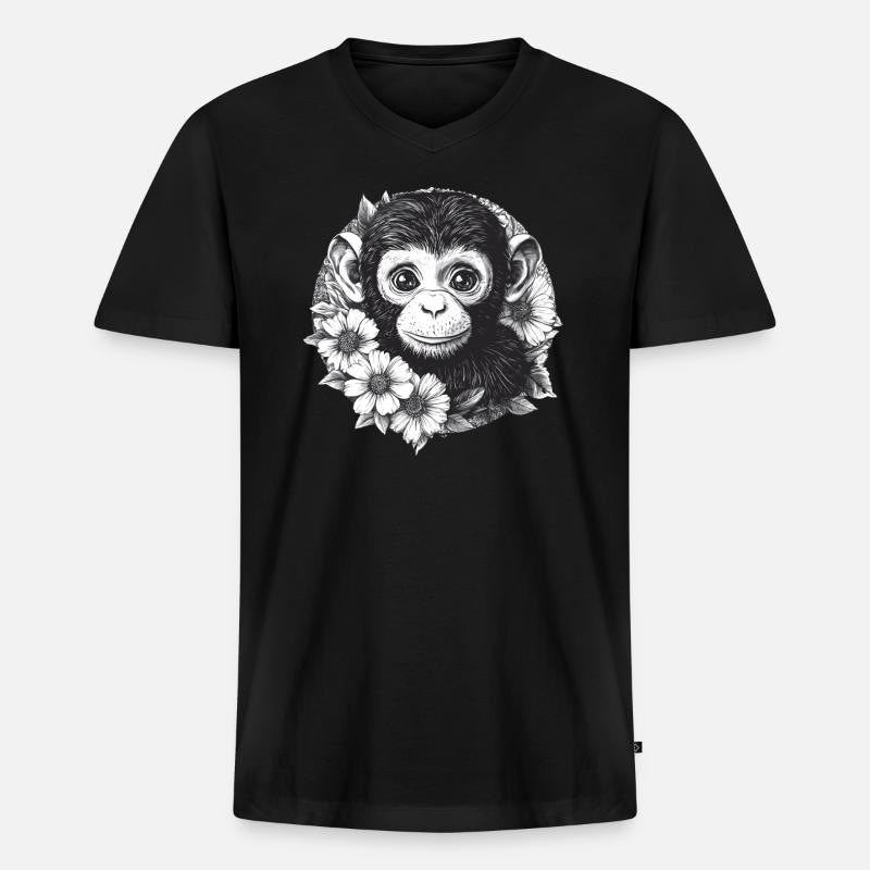 Schwarz-Weiß Affe mit Blumen - Männer Premium Bio T-Shirt mit V-Ausschnitt - Schwarz
