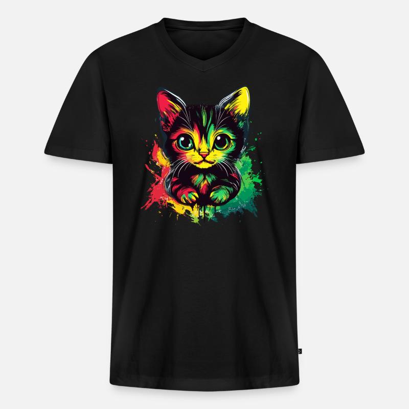 Rasta Katze Style - Männer Premium Bio T-Shirt mit V-Ausschnitt - Schwarz