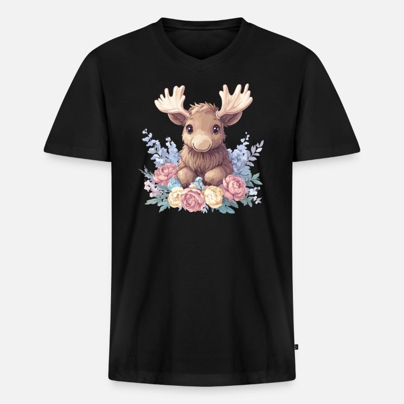 Süßer Elch mit Blumen - Männer Premium Bio T-Shirt mit V-Ausschnitt - Schwarz