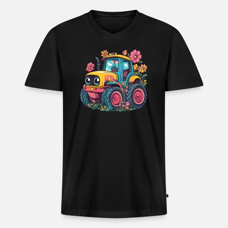 Fröhlicher Blumen-Traktor - Männer Premium Bio T-Shirt mit V-Ausschnitt - Schwarz
