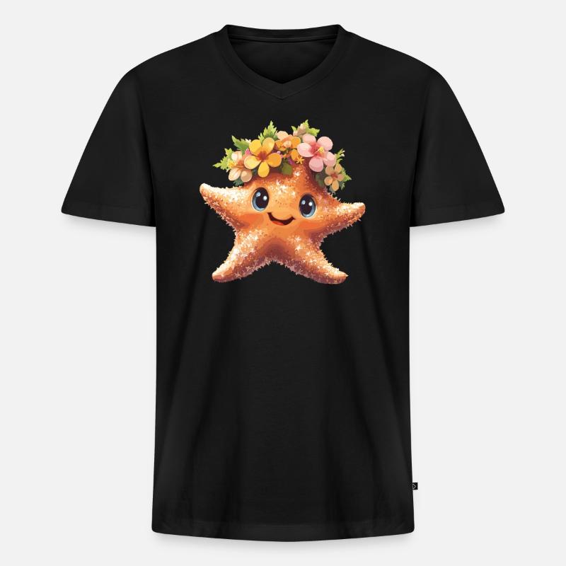 Seestern mit Blütenkrone - Männer Premium Bio T-Shirt mit V-Ausschnitt - Schwarz