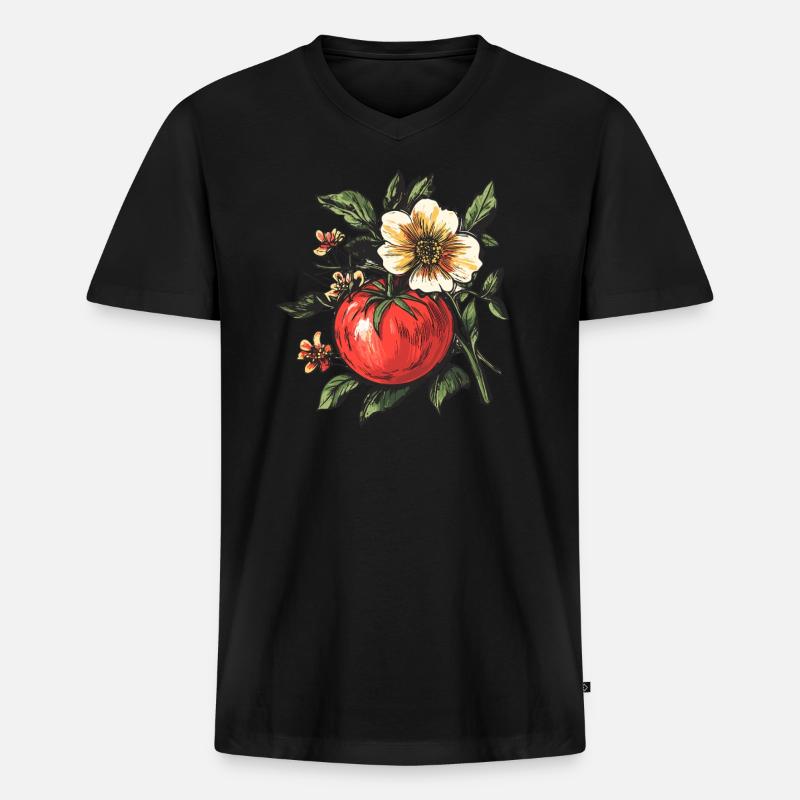 Tomate mit Blumenpracht - Männer Premium Bio T-Shirt mit V-Ausschnitt - Schwarz