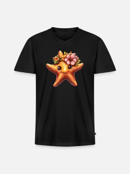 Seestern mit Blumenkranz - Männer Premium Bio T-Shirt mit V-Ausschnitt - Schwarz