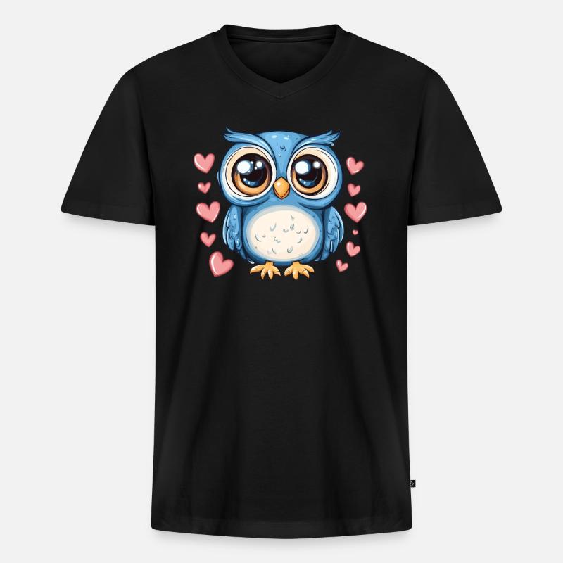 Blaue Eule mit Herzen - Männer Premium Bio T-Shirt mit V-Ausschnitt - Schwarz
