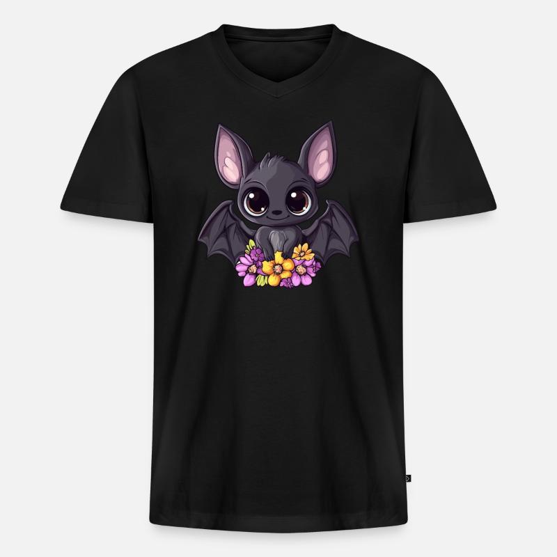 Fledermaus mit Blumen - Männer Premium Bio T-Shirt mit V-Ausschnitt - Schwarz