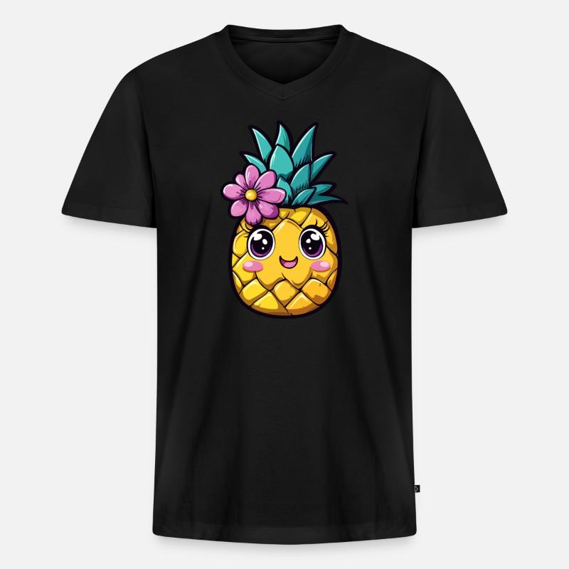 Ananas mit Blume - Männer Premium Bio T-Shirt mit V-Ausschnitt - Schwarz