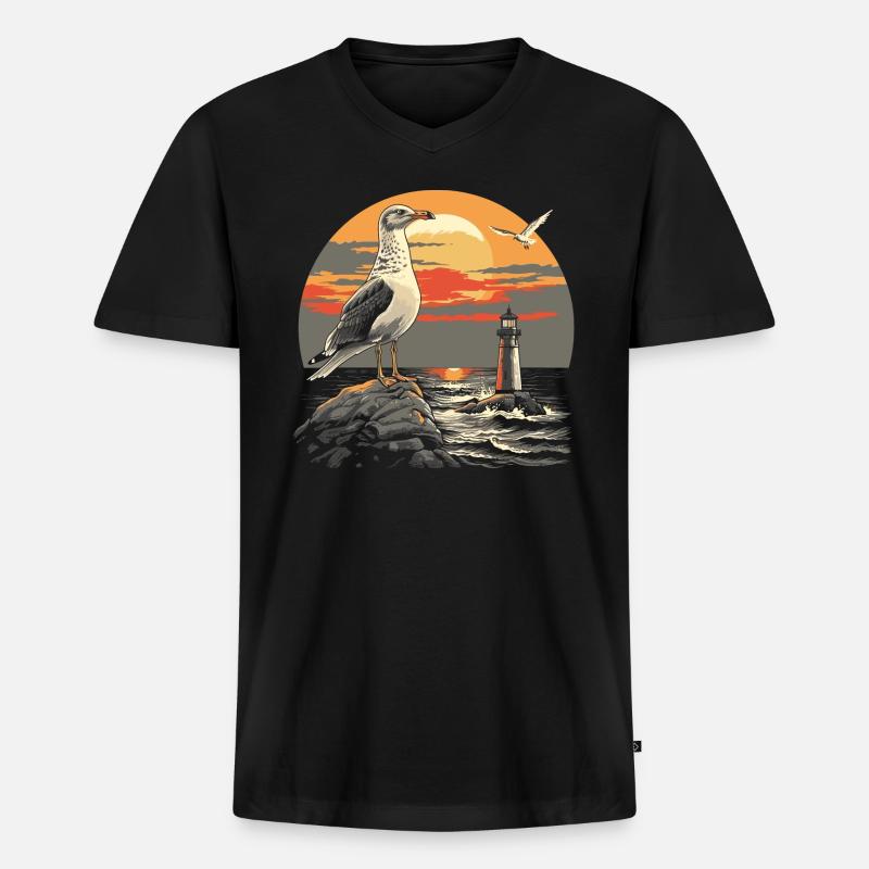 Möwe Seevogel Leuchtturm Sunset - Männer Premium Bio T-Shirt mit V-Ausschnitt - Schwarz