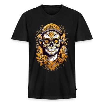 Golden Sugar Skull - Men's Premium Organic T-shirt with V-neck - black - Front - Nico (187cm)
