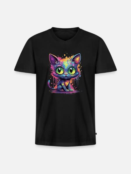 Bunte Neon Katze - Männer Premium Bio T-Shirt mit V-Ausschnitt - Schwarz