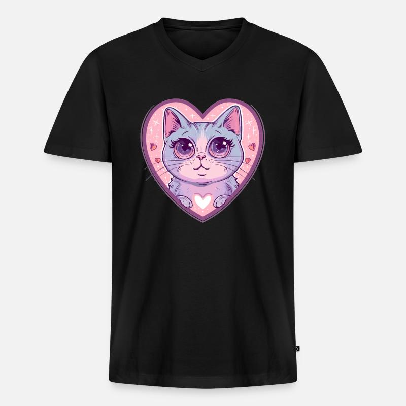 Herzkatze mit Glanzblick - Männer Premium Bio T-Shirt mit V-Ausschnitt - Schwarz