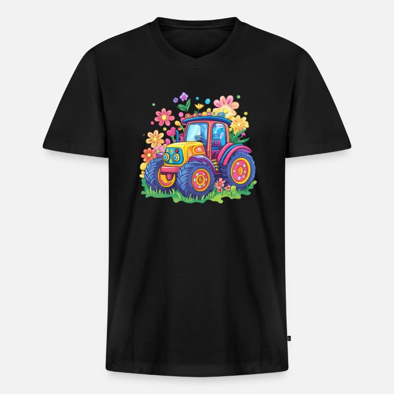 Bunter Blumentraktor - Männer Premium Bio T-Shirt mit V-Ausschnitt - Schwarz
