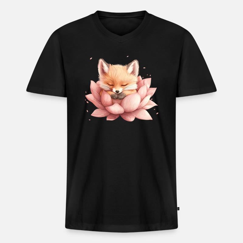 Fuchs schläft in Blüte - Männer Premium Bio T-Shirt mit V-Ausschnitt - Schwarz