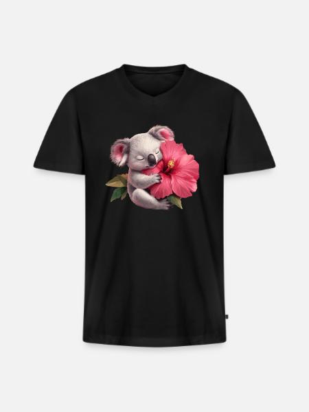 Koala mit Riesenblume - Männer Premium Bio T-Shirt mit V-Ausschnitt - Schwarz