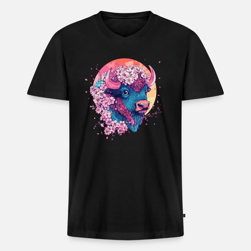 Bison mit Blumen - Männer Premium Bio T-Shirt mit V-Ausschnitt - Schwarz