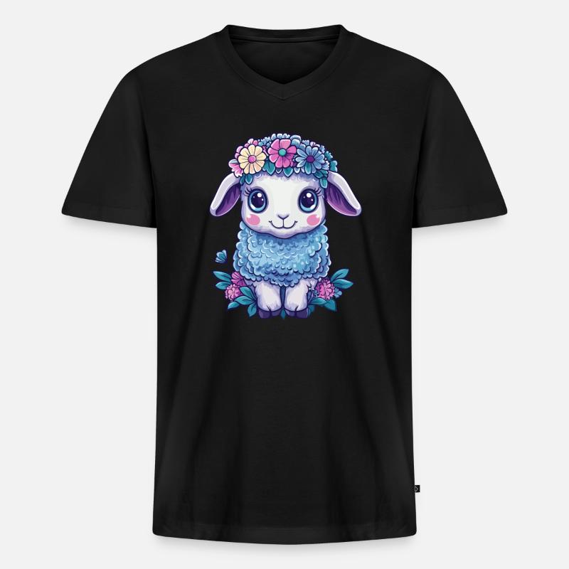Schaf mit Blumen - Männer Premium Bio T-Shirt mit V-Ausschnitt - Schwarz