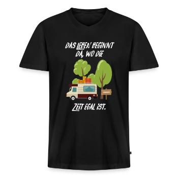 Camper T-Shirt - Männer Premium Bio T-Shirt mit V-Ausschnitt - Schwarz - Vorne - Nico (187cm)