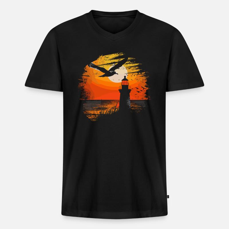 Möwe Seevogel Leuchtturm Sunset - Männer Premium Bio T-Shirt mit V-Ausschnitt - Schwarz
