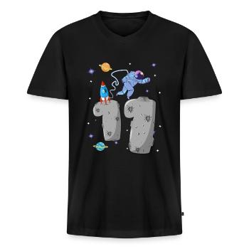 Astronaute avec fusée le 11e anniversaire de l'astéroïde - T-shirt encolure en V Premium bio Homme - noir - Devant - Nico (187cm)
