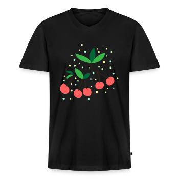 CHERRIES FRUIT LEAVES CIRCLES PATTERN - Men's Premium Organic T-shirt with V-neck - black - Front - Nico (187cm)