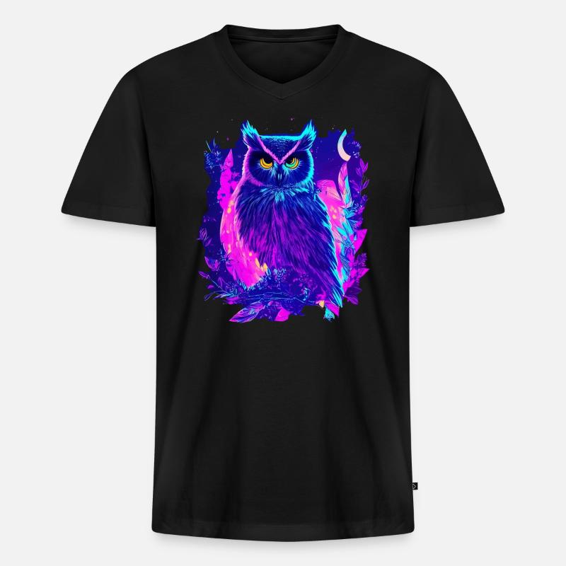 Neon leuchtende Eule Synthwave - Männer Premium Bio T-Shirt mit V-Ausschnitt - Schwarz