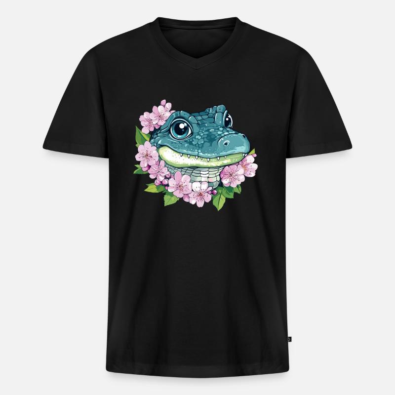Kirschblüten Krokodil - Männer Premium Bio T-Shirt mit V-Ausschnitt - Schwarz