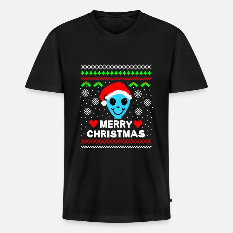 Alien Weihnachtspullover ugly christmas Geschenk - Männer Premium Bio T-Shirt mit V-Ausschnitt - Schwarz