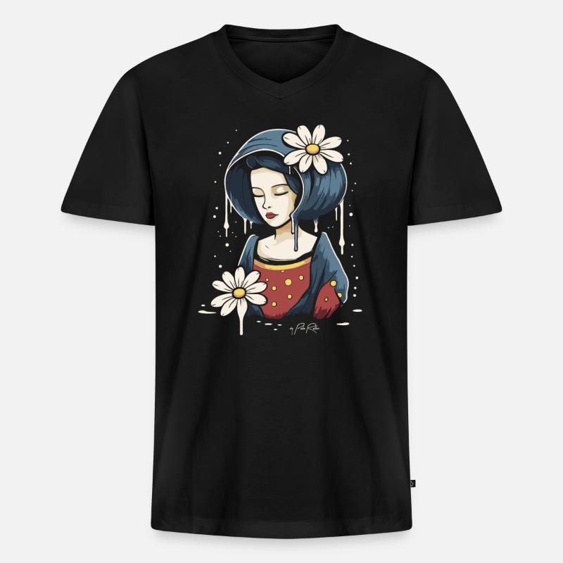 Frau mit Gänseblümchen Blumen - Männer Premium Bio T-Shirt mit V-Ausschnitt - Schwarz