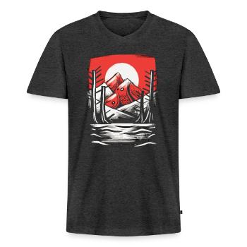 Soleil rouge du Japon, montagnes de poissons - T-shirt encolure en V Premium bio Homme - anthracite chiné - Devant - Nico (187cm)